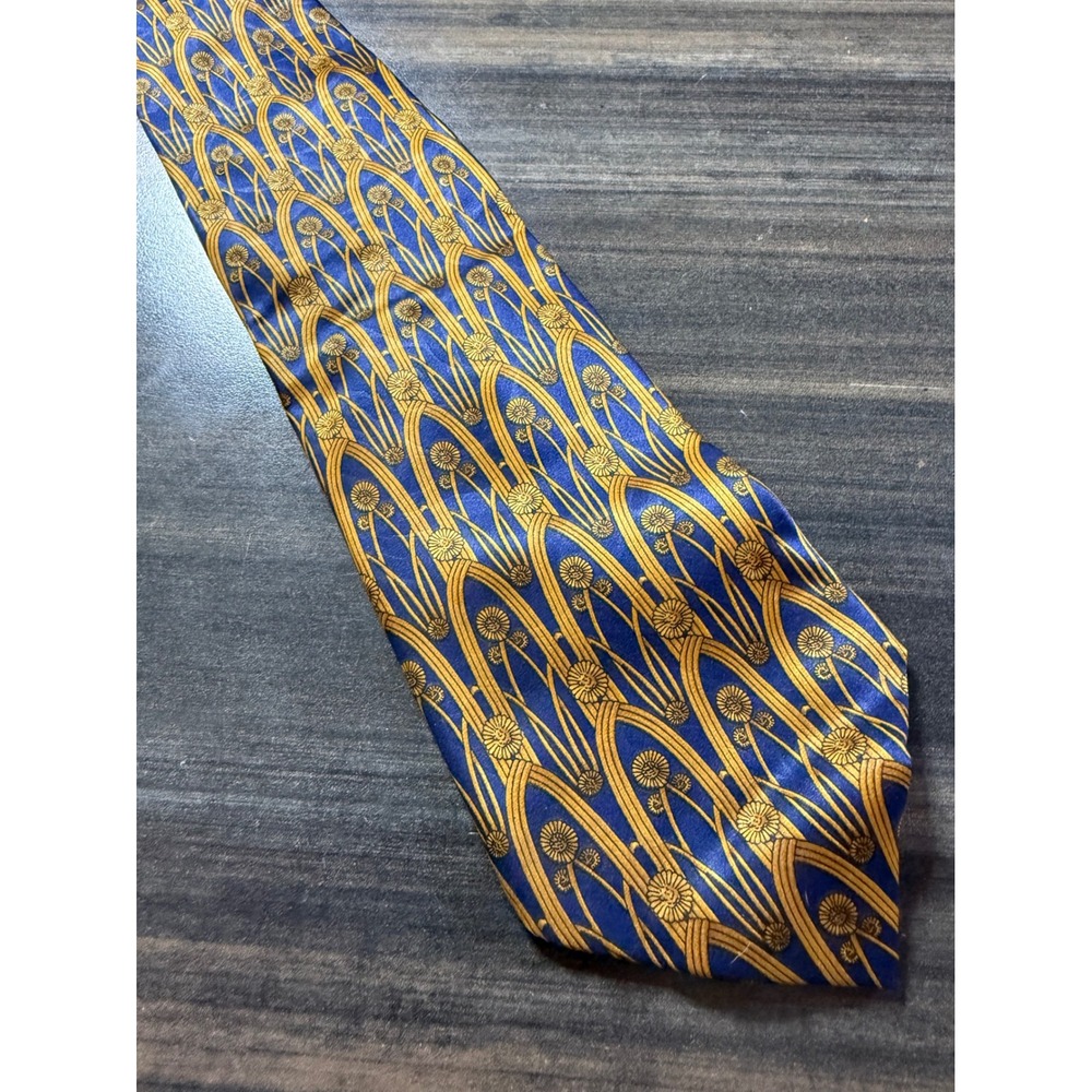 Lanvin Paris Blue Gold Silk Tie Art Nouveau Floral Dandelion Made in France NWT